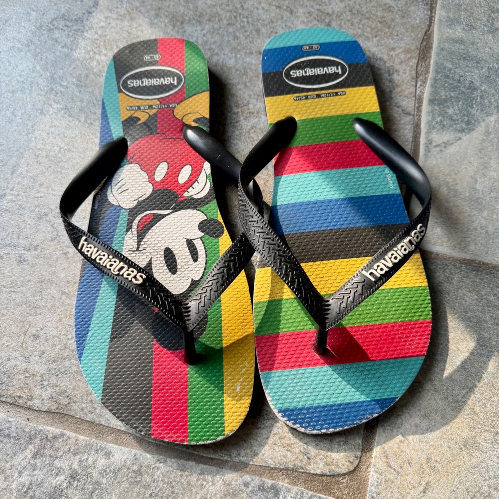 Havaianas Disney Mickey Mouse Flip Flops USA 11/12M EUR 45/46 Rainbow Striped - Picture 2 of 4